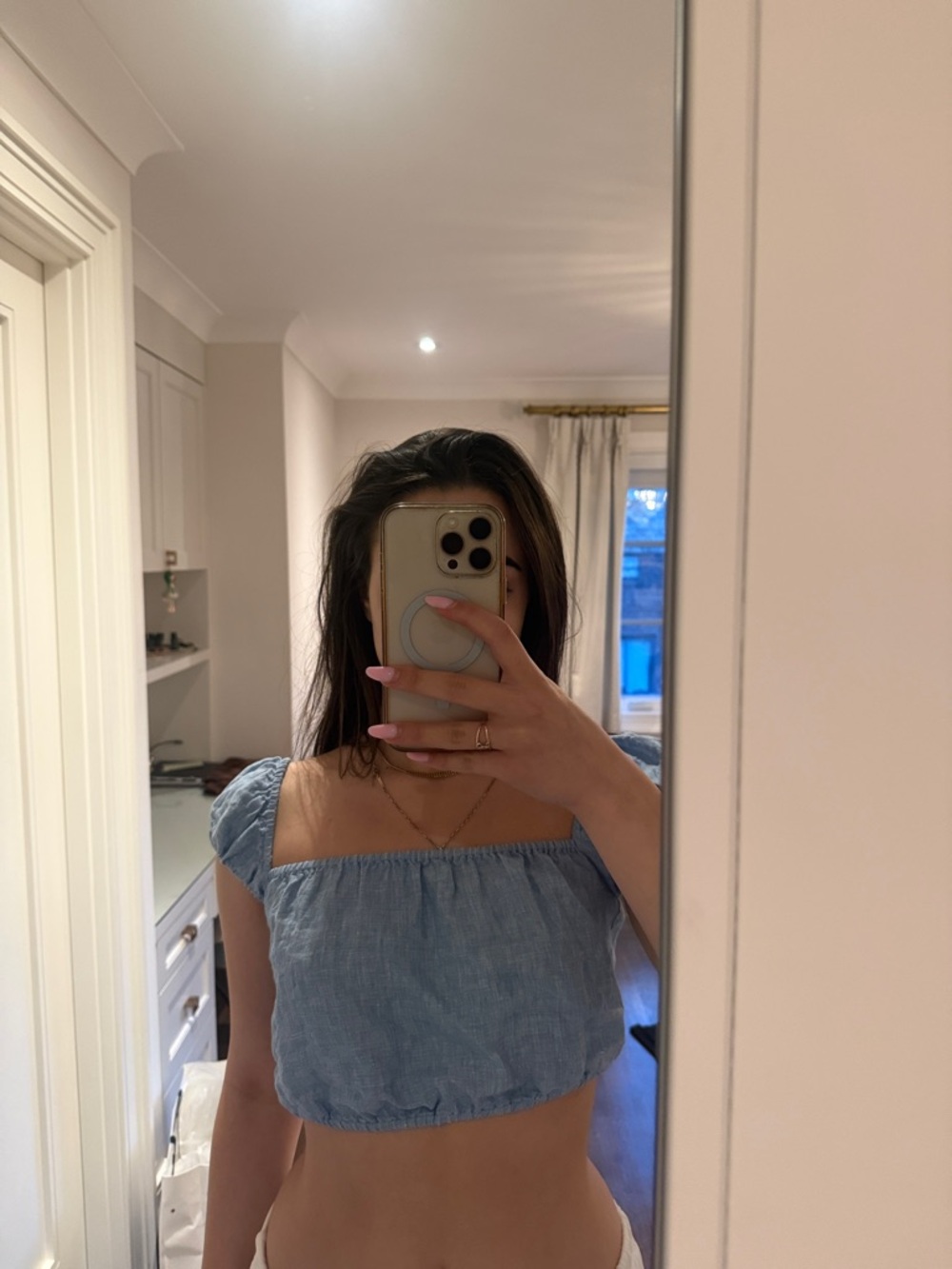 Wilfred Blue Smocked Square-Neck Crop Top